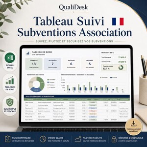 May include: A laptop screen shows a financial dashboard with charts and data. The screen displays the text "Tableau Suivi Subventions Association" and grant-related information. A pen and pencil holder is visible. The screen shows data in Euros.