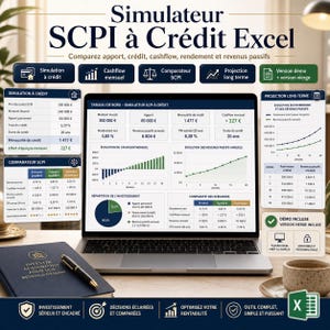 Peut inclure: Un ordinateur portable affiche des données financières et des graphiques, avec le titre "Simulateur SCPI à Crédit Excel." Un carnet, un stylo et une tasse de café sont sur le bureau. L'image promeut la planification financière et l'analyse des investissements.