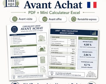Lista di controllo pre-acquisto LMNP + mini calcolatrice Excel (Francia), redditività dell'affitto, flusso di cassa, offerta