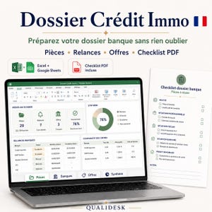 May include: A laptop displaying a financial document titled "Dossier Crédit Immo" with a checklist and a pie chart. The screen shows data tables and charts, with the text "Excel + Google Sheets" and "Checklist PDF incluse". The Qualidesk logo is at the bottom.