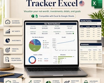 Foglio di calcolo Excel per il monitoraggio del patrimonio netto | Dashboard per la finanza personale | Modello per il monitoraggio mensile di attività e passività
