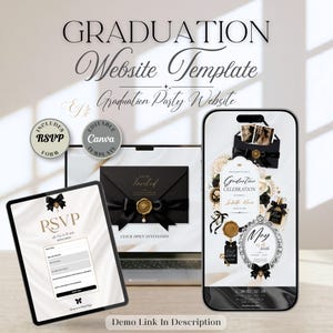 Op de afbeelding: Een afstudeerwebsite-sjabloon met een zwart-gouden thema, weergegeven op een laptop, tablet en smartphone. Het ontwerp bevat RSVP-formulieren, uitnodigingsmodellen en de tekst "Graduation Website Template" en "Graduation Party Website".