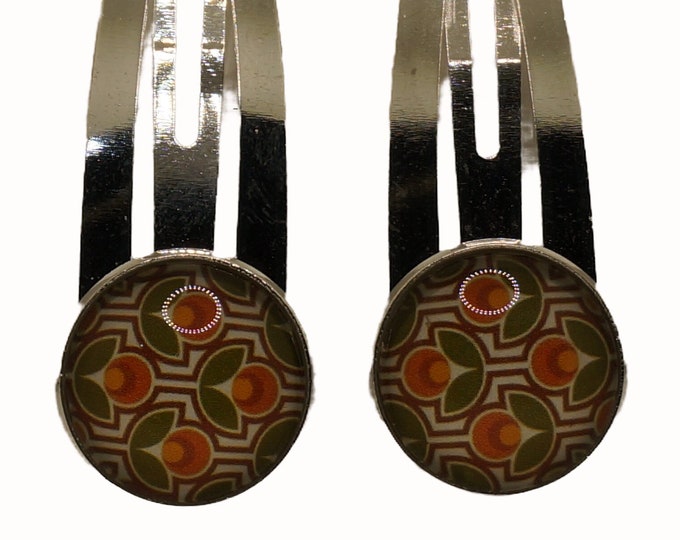 Retro, Orange, Green, Flowers, Floral, Set of Two Hair Clips, Snap Clips, Hair Snaps