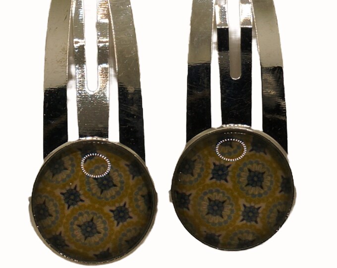 Patterned, Green, Yellow, Set of Two Hair Clips, Snap Clips, Hair Snaps