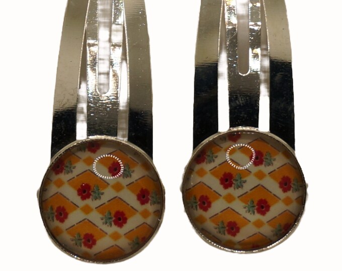 Retro, Diamonds, Yellow, Red, White, Set of Two Hair Clips, Snap Clips, Hair Snaps