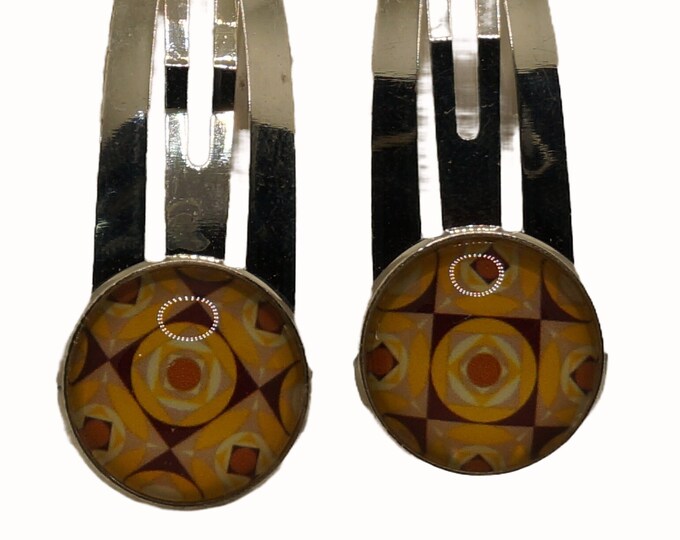 Retro, Brown, Yellow, Set of Two Hair Clips, Snap Clips, Hair Snaps