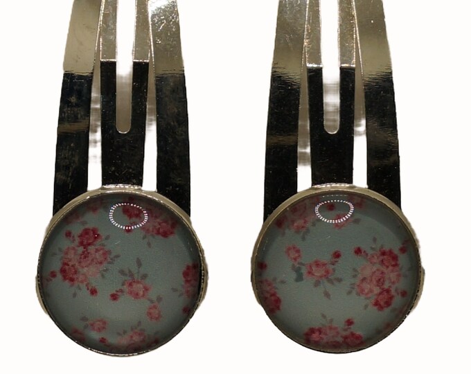 Vintage Roses, Pink, Blue, Set of Two Hair Clips, Snap Clips, Hair Snaps