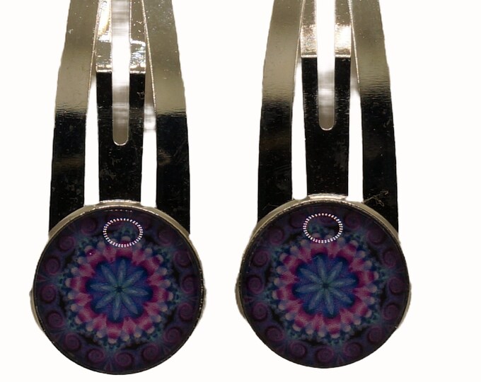 Mandala, Purple, Pink, Blue, Set of Two Hair Clips, Snap Clips, Hair Snaps