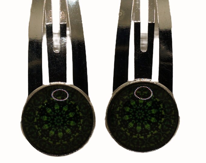 Green Mandala, Set of Two Hair Clips, Snap Clips, Hair Snaps