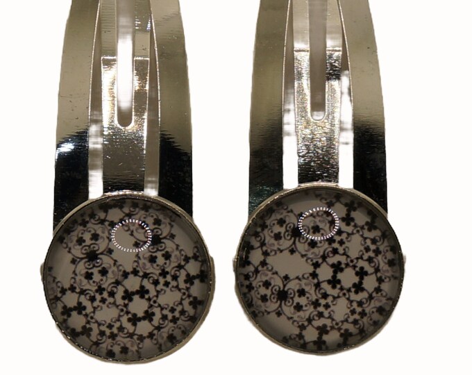 Black and White, Floral, Set of Two Hair Clips, Snap Clips, Hair Snaps