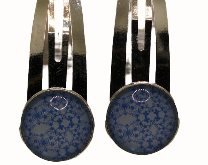Blue and White, Floral, Set of Two Hair Clips, Snap Clips, Hair Snaps