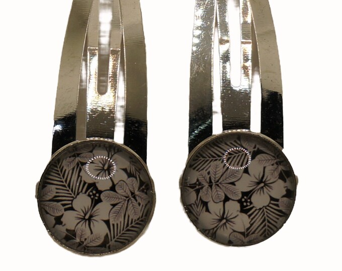 Black and White, Floral, Set of Two Hair Clips, Snap Clips, Hair Snaps