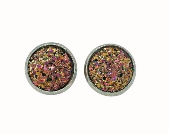 Stainless Steel 1.2cm Stud Earrings Accessories Druzy Rose Gold and Pink
