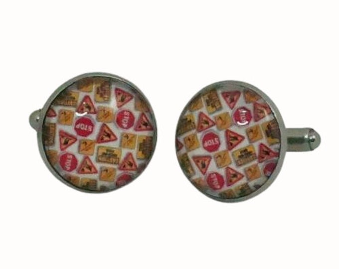 Stainless Steel Cufflinks Accessories 1.8cm Glass Construction Site Signs