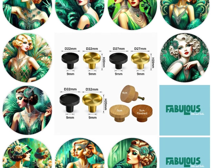 Art Deco Flappers in Emerald Green Wooden Drawer Knobs - Colorful Flower Cabinet Pulls, Boho Furniture Hardware