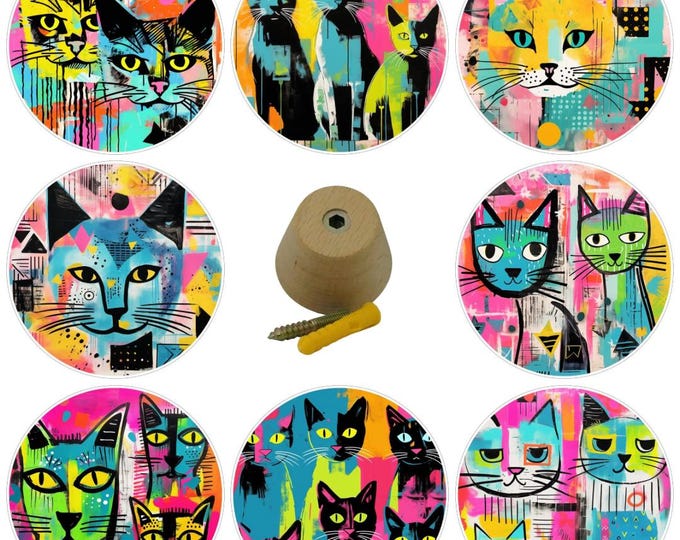 Colorful Cats Wooden Wall Hooks, Decorative Coat Hooks, Resin Finish