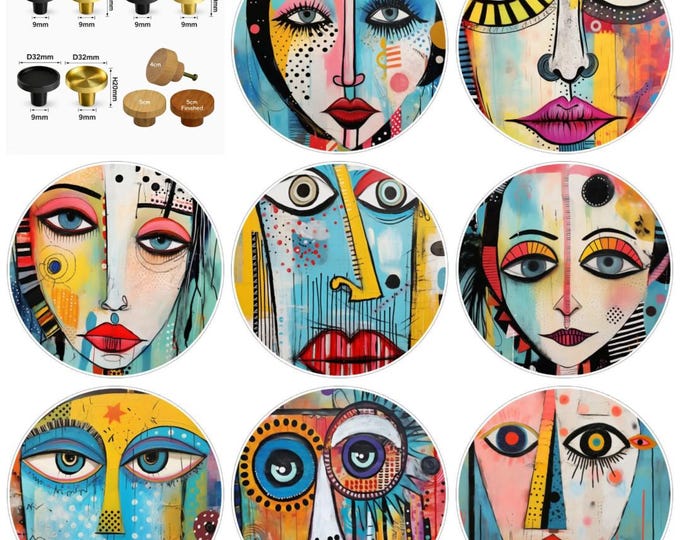 Abstract Face Art Drawer Knob - Colorful Decorative Cabinet Pull, Unique Dresser Knob
