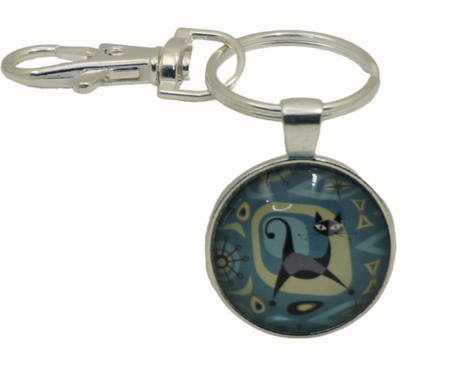 Mid Century Cat, Retro, Black Cat, Bag Charm, Keyring, Keyring Charm