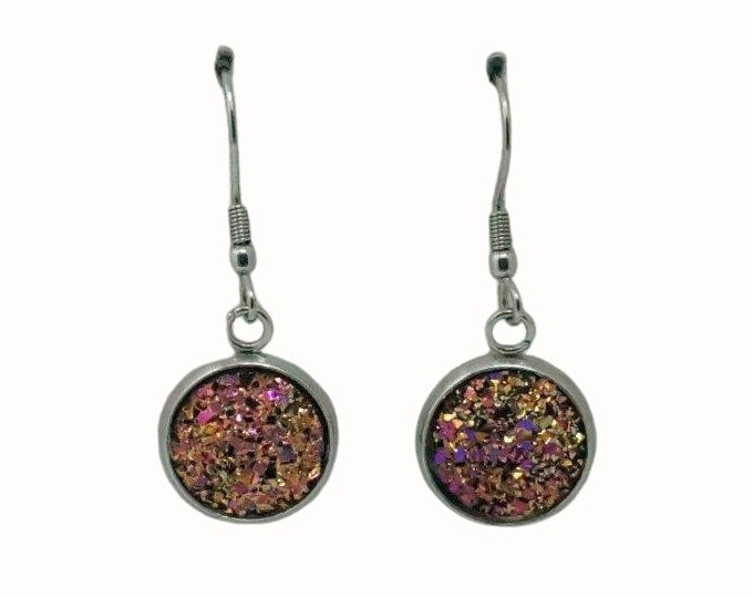 12mm Round Stainless Steel Drop Earrings Accessories Druzy Cabochon Gold and Pink