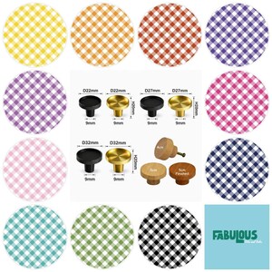 May include: A collection of round cabinet knobs in black, gold, and natural wood finishes, displayed with technical diagrams showing diameters of 22mm, 27mm, and 32mm, and heights of 20mm. Includes various gingham patterned circles and the text FABULOUS.