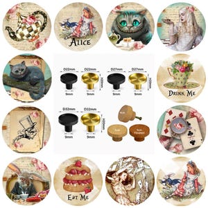Könnte beinhalten: Eine Sammlung kreisförmiger dekorativer Bilder mit Motiven aus Alice im Wunderland neben einer zentralen Darstellung von Möbelknöpfen. Die Knöpfe haben schwarze, goldene und hölzerne Oberflächen mit sichtbaren metrischen Maßen in Millimetern und Zentimetern.