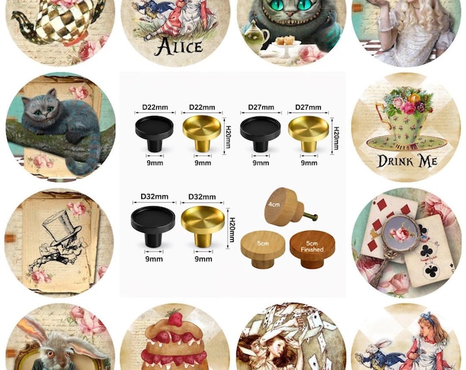 Alice in Wonderland Wooden Drawer Knobs, Nursery Decor, 5 sizes
