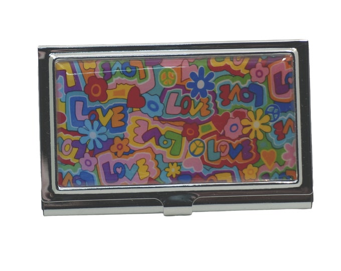 Card Holder, Metal Business Card Case, Cigarette Case, Credit Card Case, Business Card Holder, Hippy 1970's 1960's Colorful LOVE