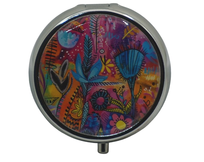 Art, Vivid Expressions, Pink, Blue, Floral, Pill Box, Silver Plated, Medicine Case, One Day Pill Box, Trinket Box, Pill Case