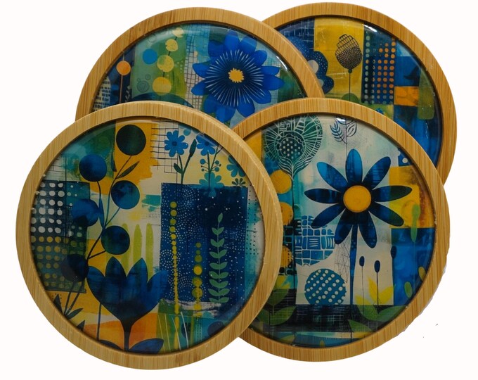 Abstract Floral Art 2, Flowers, Yellow, Blue, Green, Coasters,  Set of Four Round Wooden Coasters, Wine, Drink Coasters, Coffee Coaster