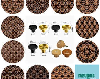 Manijas de gabinete, pomos para cajones de muebles, pomos redondos de madera, estilo vintage ornamental, en negro y bronce/cobre.
