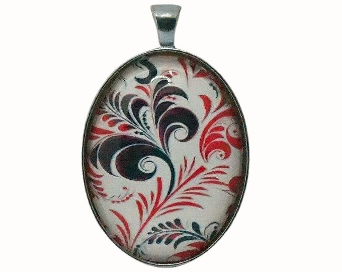 Patterned, Red, Black, White, Oval Silver Plated Glass Pendant, Necklace Pendant