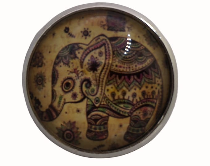 Batik Elephant, Round Metal Brooch, Silver Plated, 2.5cm Brooch, Glass, Scarf Pin, Lapel Pin