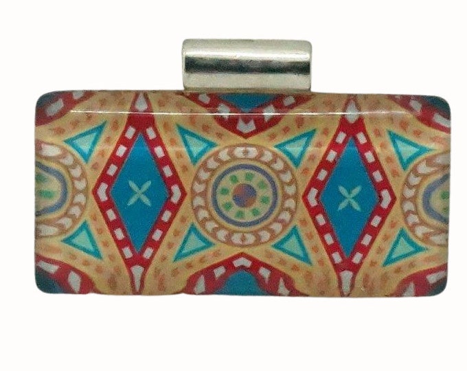 Horizontal Rectangle Glass Tile Pendant Tube Bail Patterned Orange Blue Red