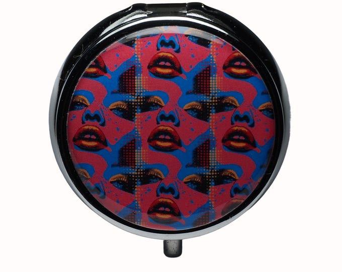 Pop Art, Faces, Blue, Pink, Pill Box, Silver Plated, Medicine Case, One Day Pill Box, Trinket Box, Pill Case