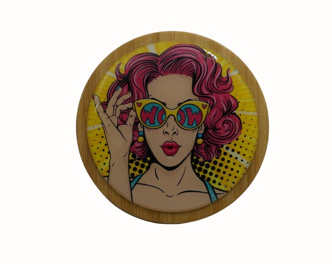 Retro, Pop Art, WOW, 1950, 1960, 100ml Round Screw Top Bamboo Box, Wooden Box, Refillable Cosmetic Container, Jewellery Box, Keepsakes Box
