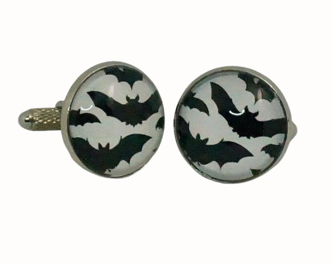 Platinum Plated Cufflinks Accessories 18mm Glass Halloween Gothic Bats