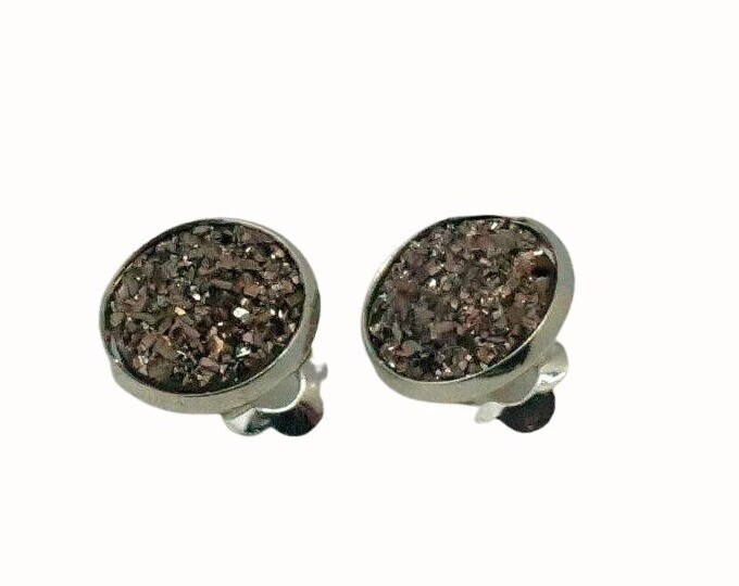 12mm Silver Plated Round Clip On Earrings Druzy Cabochon Rose Gold