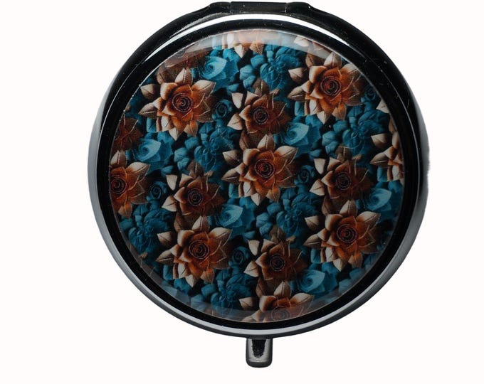 Floral, Flowers, Brown, Blue, 3D, Pill Box, Silver Plated, Medicine Case, One Day Pill Box, Trinket Box, Pill Case