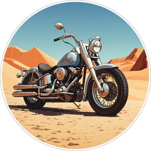 May include: A light blue cruiser motorcycle with chrome accents, including a round headlight, handlebars, and dual exhaust pipes. The motorcycle features a black seat and spoked wheels, positioned on a sandy desert landscape with dunes.