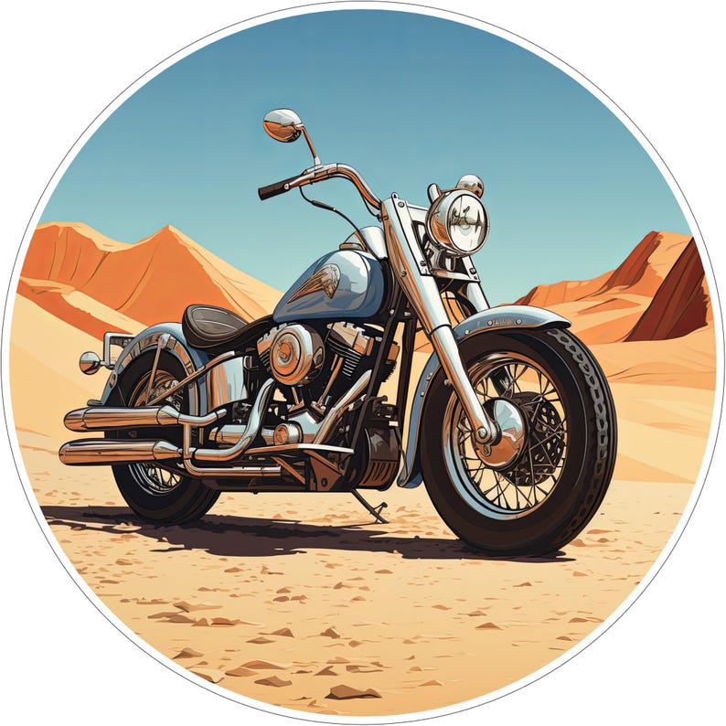 May include: A light blue cruiser motorcycle with chrome accents, including a round headlight, handlebars, and dual exhaust pipes. The motorcycle features a black seat and spoked wheels, positioned on a sandy desert landscape with dunes.