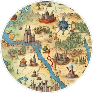 May include: A circular fantasy map illustration featuring beige parchment-style paper, blue rivers, green forests, and brown mountain ranges. The map depicts several stone castles, a large blue compass rose, and small ships, all rendered in a detailed, hand-drawn style.