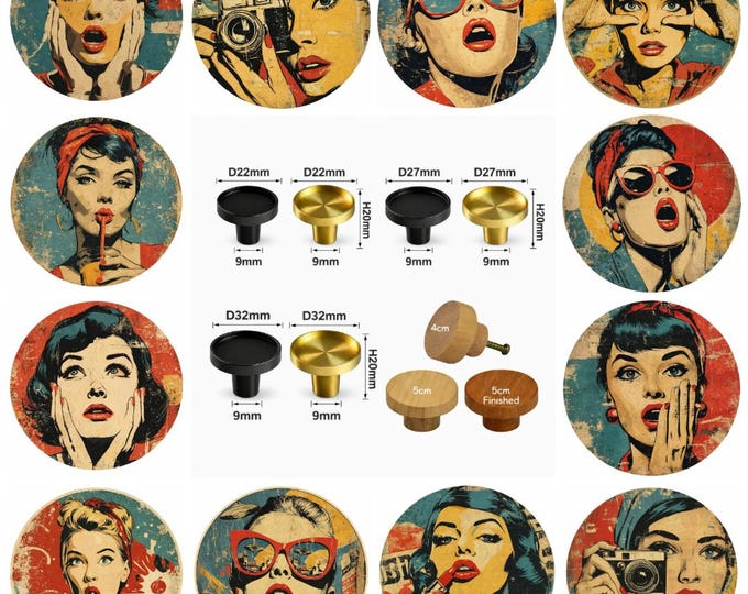 Retro Junk, Pop Art Drawer Knobs, Faces, Retro Furniture Decor, Wooden Drawer Knobs, Brass Cabinet Knobs
