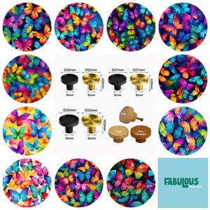 May include: A collection of circular butterfly patterns in vibrant colors alongside metal and wooden cabinet knobs. The knobs are shown with technical diagrams indicating diameters of 22mm, 27mm, and 32mm, and heights of 20mm. Text reads FABULOUS.