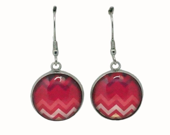 Stainless Steel Glass Tile Hooped Earrings Accessories Patterned Chevron Red and Pink