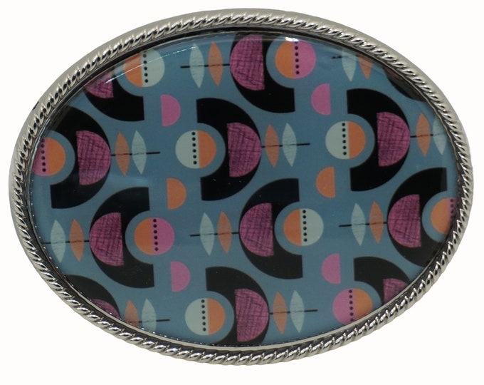 Hand Decorated Belt Buckle, Woman's Belt Buckle, Western Style Belt Buckle, Mid Century Art, Patterned, Blue, Pink, Black