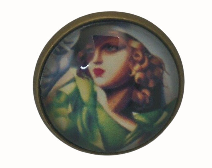 Tamara De Lempicka, Art Deco, Round Metal Brooch, Bronze, 2.0cm Brooch, Glass, Scarf Pin, Lapel Pin