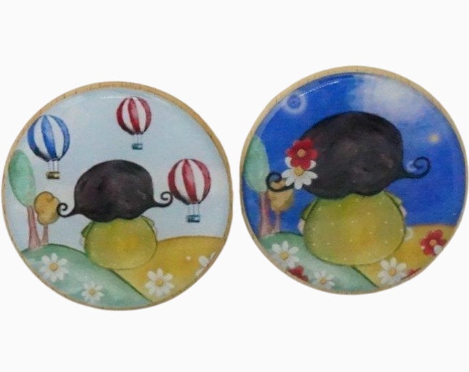 Set of Two Hand Decorated Wooden Wall Hooks, Nursery Decor