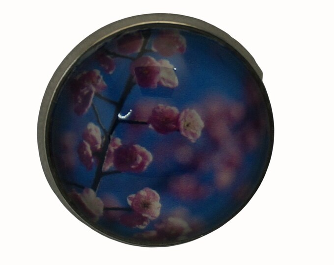 Japanese Blossom, Round Metal Brooch, Silver Plated, 2.0cm Brooch, Glass, Scarf Pin, Lapel Pin