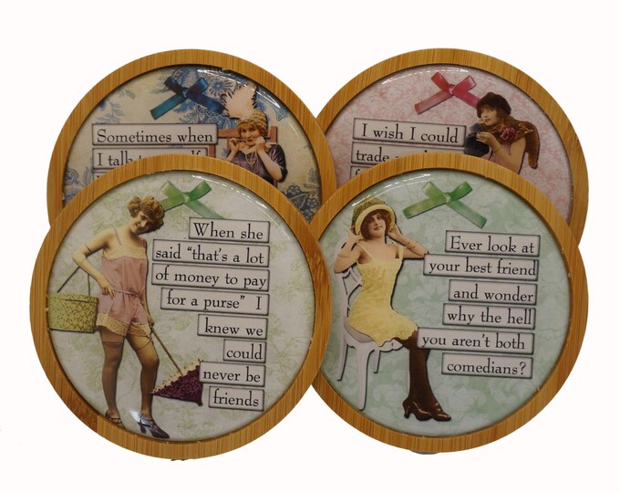 Humor, Sassy Women, Retro, Vintage, Alcohol, Wine Coasters,  Set of Four Round Wooden Coasters, Wine, Drink Coasters, Coffee Coaster