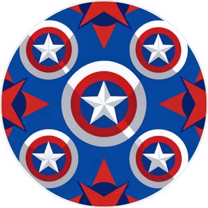 May include: Circular design featuring a repeating pattern of white stars within red and white circles, set against a blue background. Red star shapes are interspersed throughout the design. The overall aesthetic is bold and graphic.